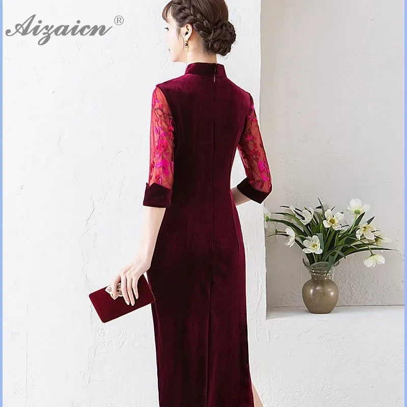 Женское бархатное платье Cheongsam темно-зеленое длинное с вышивкой традиционная