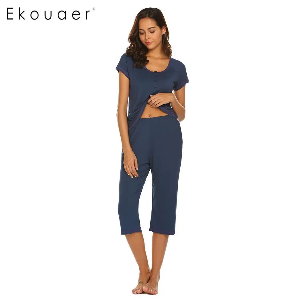 Женский пижамный комплект Ekouaer мягкий с коротким рукавом и круглой