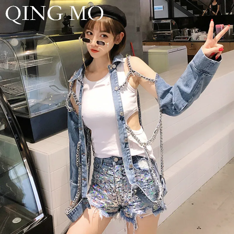 QING MO женское Свободное пальто женская джинсовая одежда с металлической цепочкой