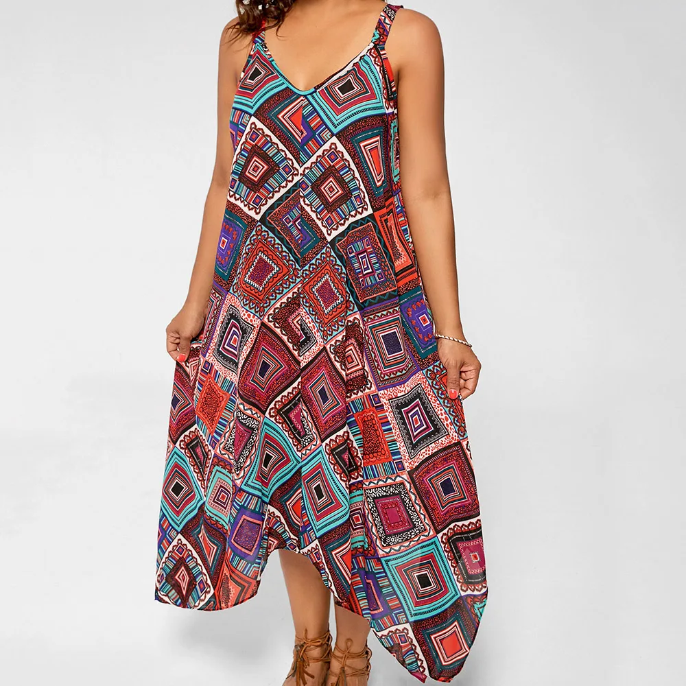 Летнее платье женщин плюс размер ретро Бохо пляжное Тонкий ремешок с