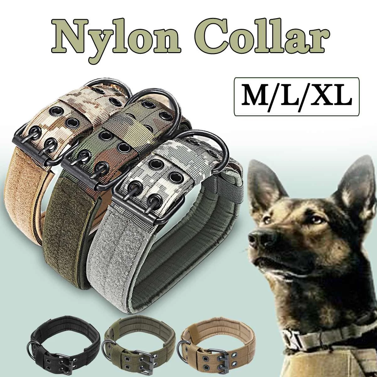 

M/L/XL Nylon Tactical Dog Collar Harnesses Leads for Pets Military Adjustable Training Dog Pet Collar with Metal D Ring Buckle
