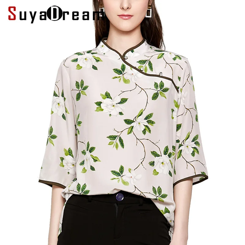 Блузка женская винтажная из 100% натурального шелка с цветочным принтом рукавом