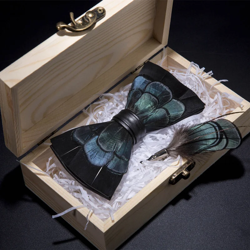Seis pingentes originais de faisão, gravata borboleta feita à mão azul e preta, broche fashion, pino, conjunto de caixa de presente para festa