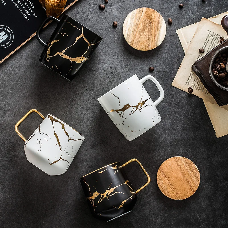

Marble with Gold Inlay Ceramic Coffee Mugs with Wood Lid Office Tea Cup Gifts