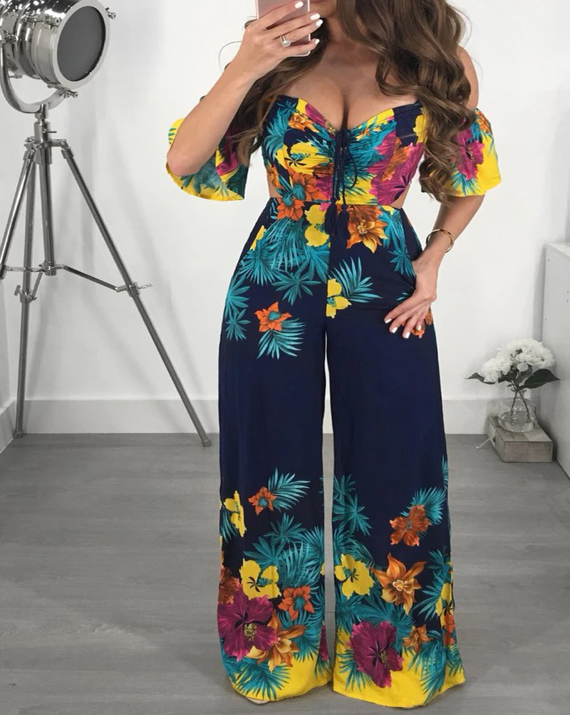 Женский комбинезон с цветочным принтом Boho Свободный Длинный длинным рукавом и