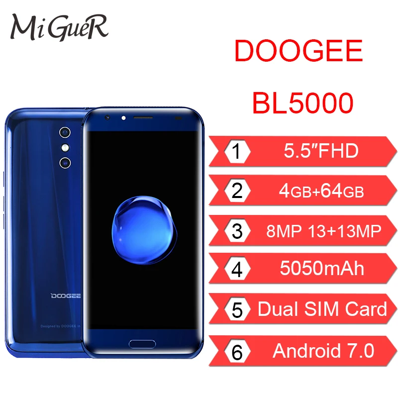 DOOGEE BL5000 4G отпечаток пальца мобильный телефон 5050 мАч 4 Гб + 64 13 МП 5 &quotFHD Android 7 0