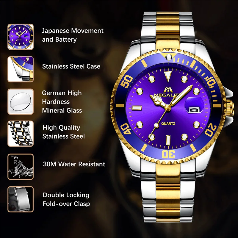 MEGALITH 2019 Бизнес золотые часы мужские из нержавеющей стали для мужчин