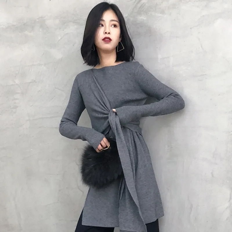 TWOTWINSTYLE Knitting Pullover Tops Female O Neck Long Sleeve Bandage Side Split Sweater Women Casual Fashion 2020 Spring New | Женская