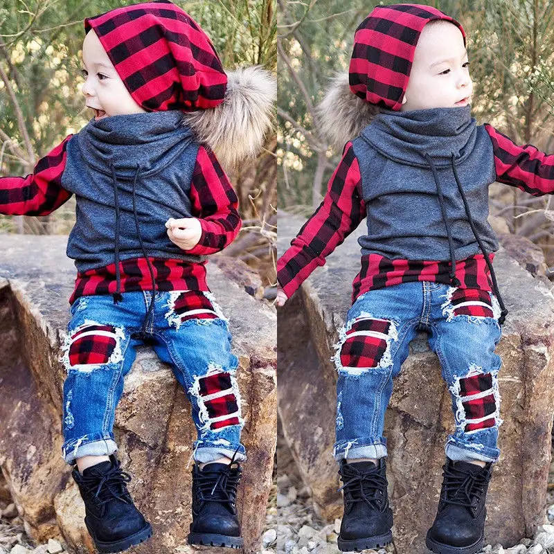 2PCS Toddler Kids Baby Boys Plaid Long Sleeve Tops Shirt Hole Denim Jeans Pants Outfit Clothes For 1-6Y |