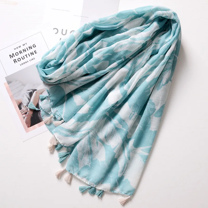 2018 Wholesale Brand Winter Scarf Sky Blue Warm Soft Tassel Bufandas Cachecol Woven Leaf Printed Cotton Linen Men Scarves | Аксессуары
