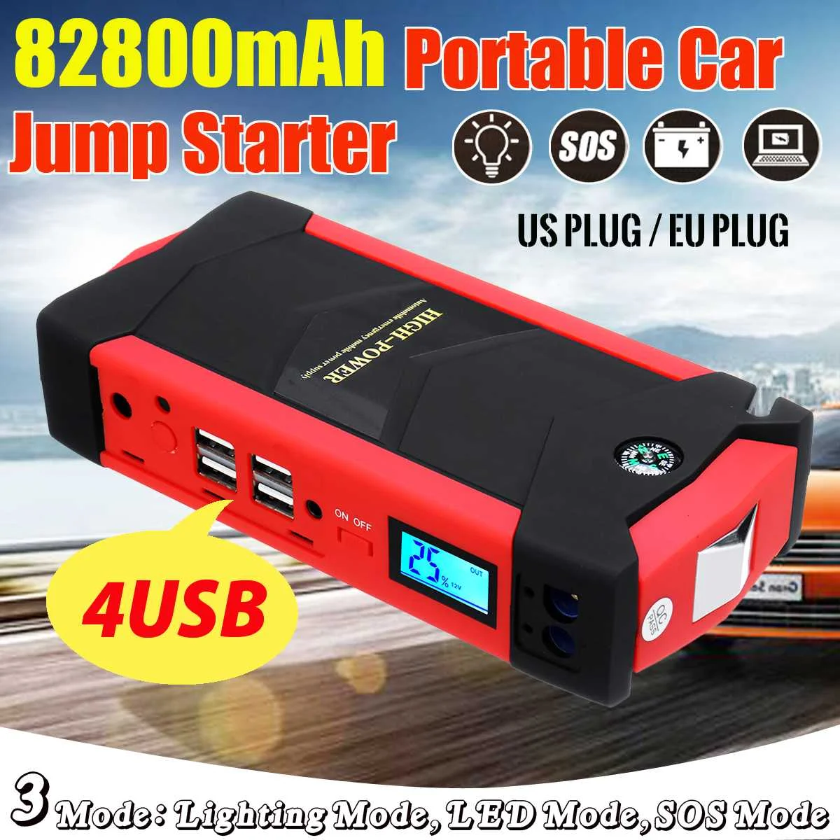 Портативный 82800mAh 4USB 12V 600A светодиодный стартер для автомобиля аварийное зарядное устройство аккумулятор внешний аккумулятор автомобильный усилитель пусковое устройство