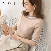 2020 spring summer casual short sleeve pullover knitted sweater patchwork color slim thin women wear turtleneck sweater jumper