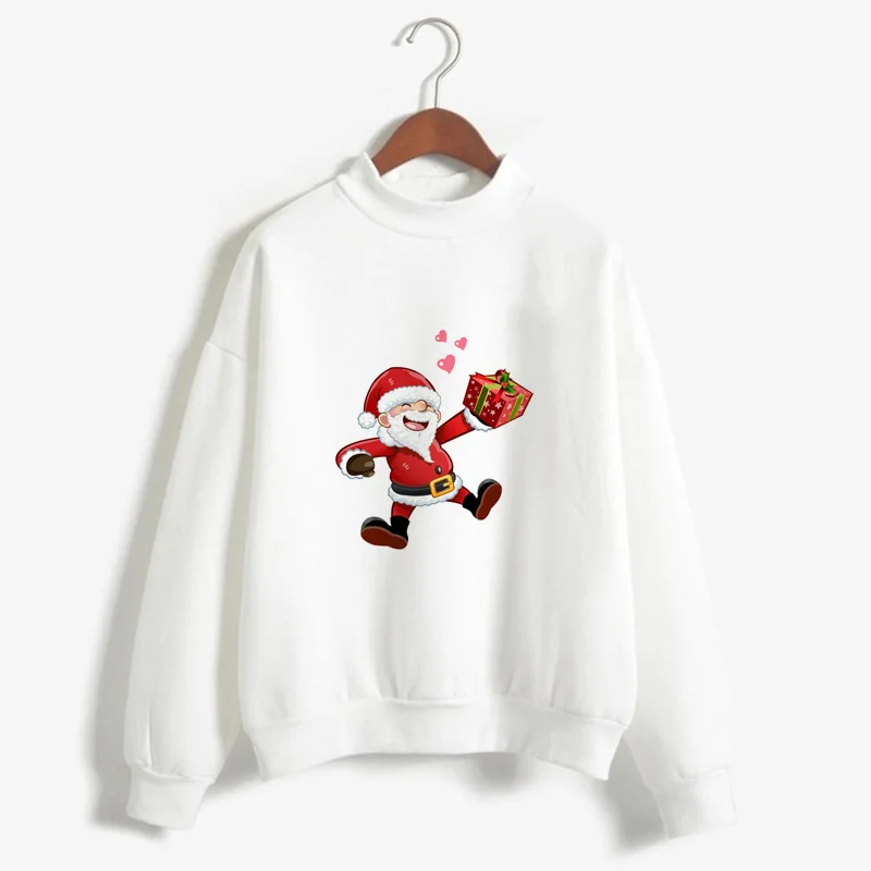 Fashion Christmas Printing High-collar Long Sleeves Pullovers Casual Solid White Sweatshirts with Cartoon Pattern | Женская одежда