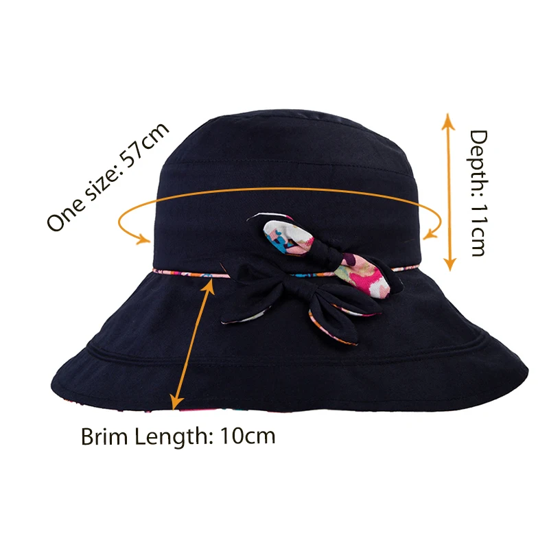 

FANCET Womens Summer Sun Hats Solid Bowknot Floral Lining Windproof Cord Adjustable Cute Flat Wide Brim Bucket Hats 16008