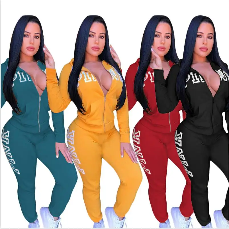 

2018 Spring Letter Pink Print Tracksuit Women Casual Outfits Two Piece Set Pants Suits Plus Size Clothing Sets