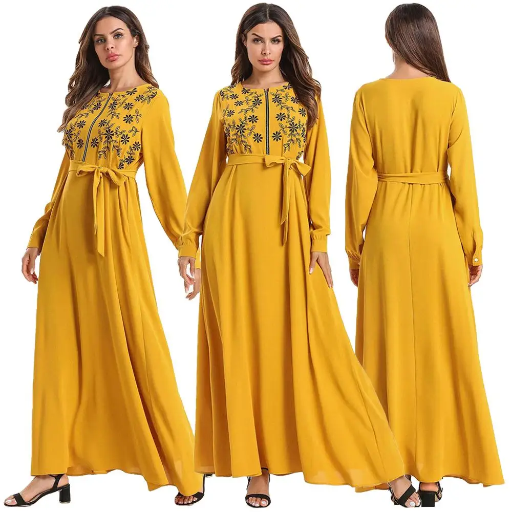 Платье женское длинное с вышивкой мусульманский халат абайя на молнии модная