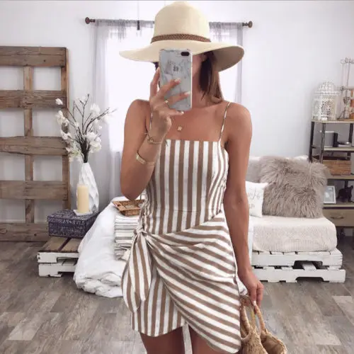 Boho женское платье с бретельками без рукавов Летнее мини Полосатое пляжный