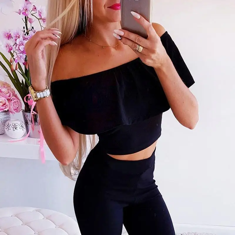 Women Set Summer Sexy Off Shoulder 2 Pieces Outfits Crop Top And Long Pants Matching Sets Female Tracksuit Two Piece SJ2708X |