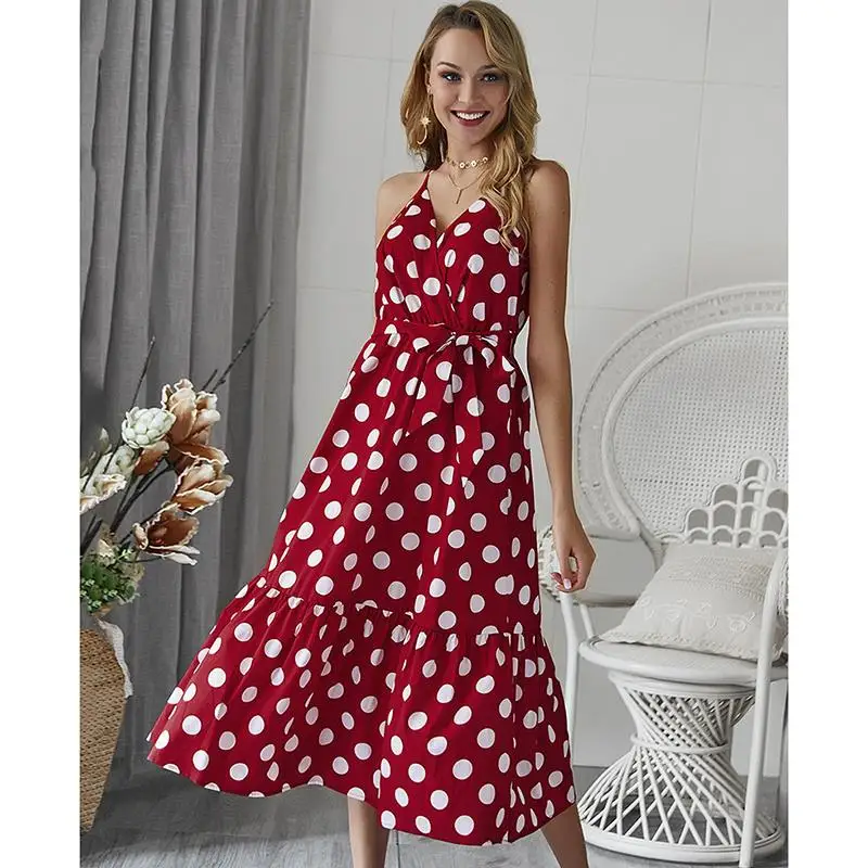 

Women Strap Sleeveless Summer Dress Polka Dot Sling Dress Retro Vintage A-Line Waist Bandage Casual Beach Dress SJ2398X