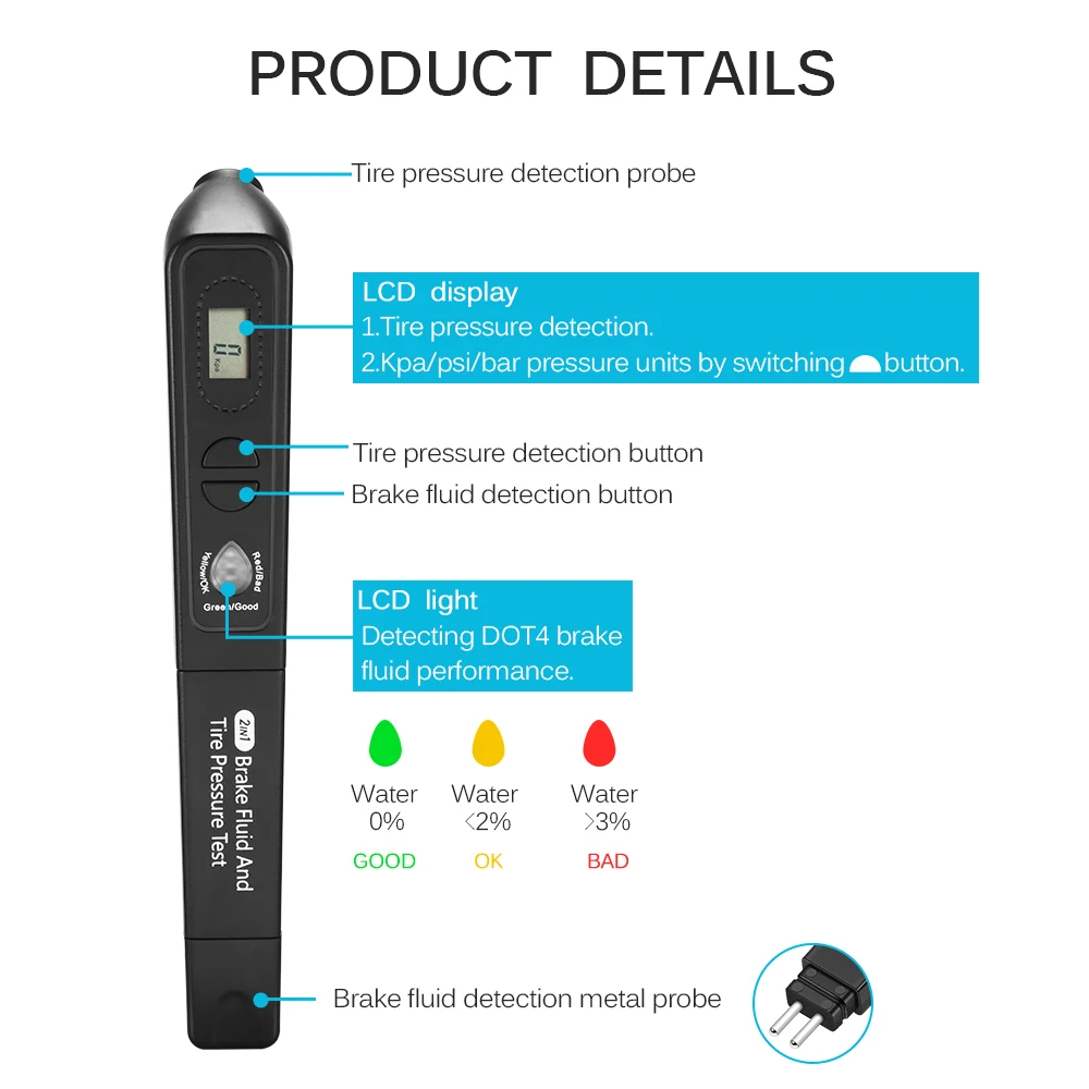 ALLOMN Diagnostic Tools 2 In 1 Digital Tyre Pressure Meter Guage Testing DOT4 Brake Fluid Tire Tester Pen For Auto Tool | Автомобили и