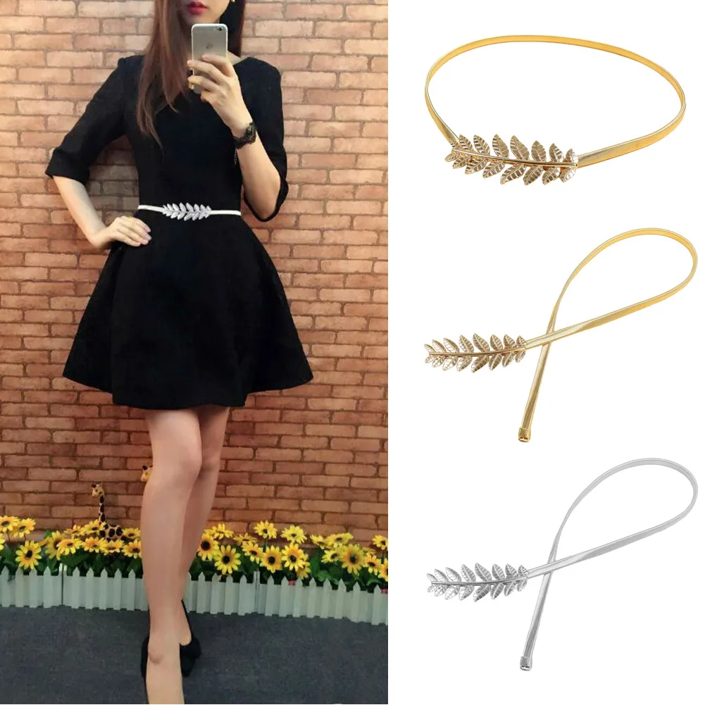 

Anself Chain Belt for Dress Fashion Vintage Women Skinny Elastic Belt Leaf Design Clasp Front Stretch Metal Waist Belt 2020 Gold