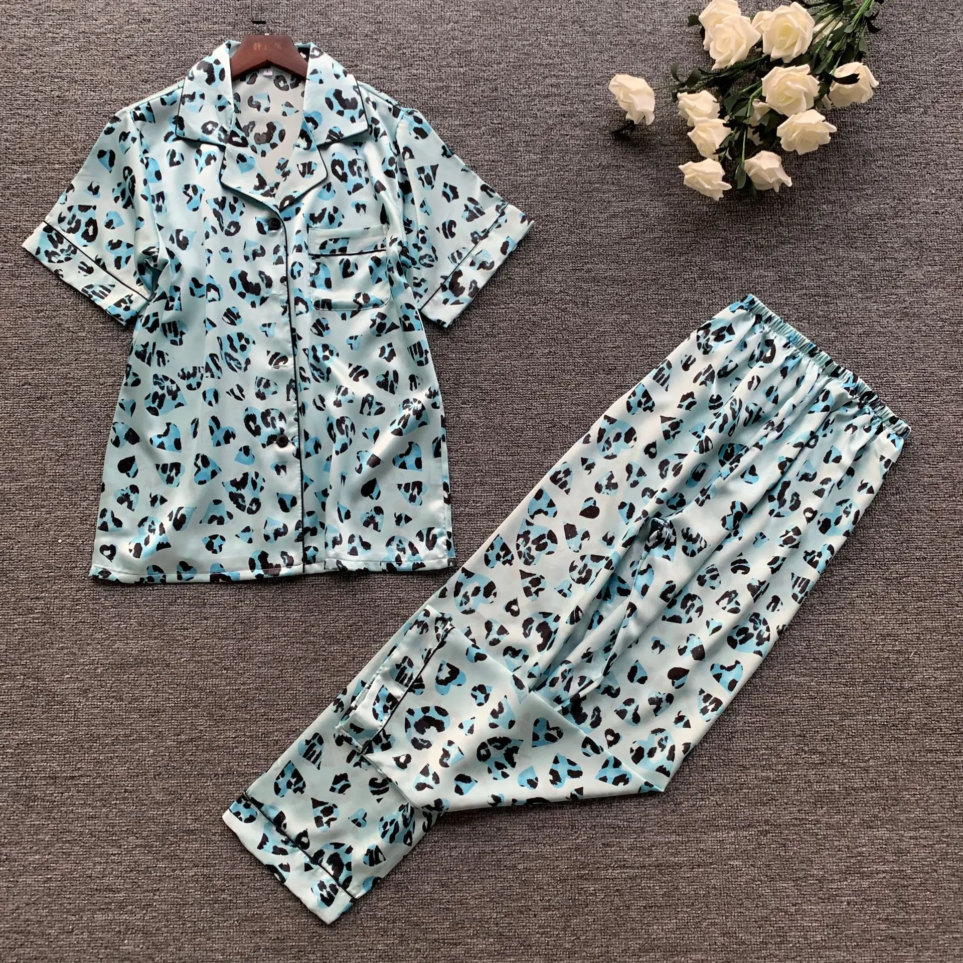 2019 весенние женские милые пижамные комплекты со штанами атласная пижама с