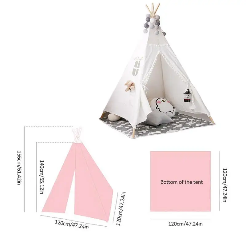 

Kids Teepee Play Tent - Cotton Canvas Indian Children Tipi Playhouse With Mat Indoor Outdoor Toy Boys Girls Baby Gift