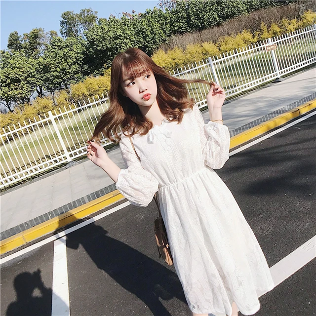 Vintage Lace Dress Long Sleeve Sexy V-neck Elastic Waist A-Line Party Dresses Elegant Women Vestidos Robe Femme | Женская одежда