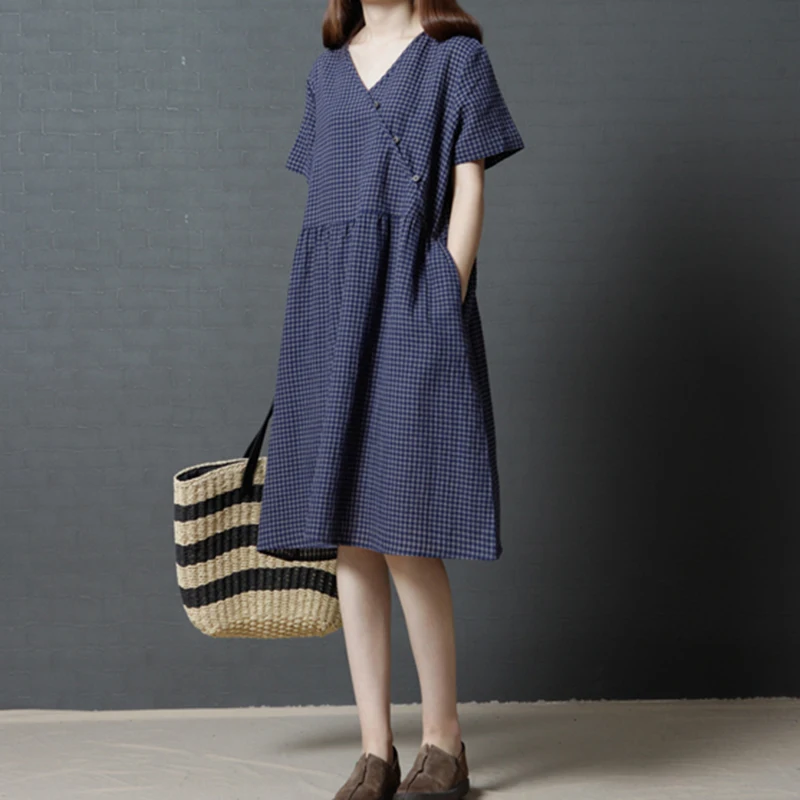 Женское летнее клетчатое хлопковое льняное платье с v-образным вырезом Дамский
