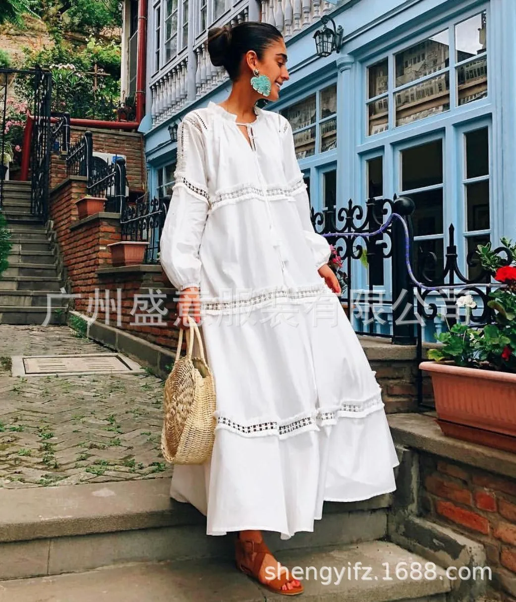 Elegant Lace Loose Bohemian Maxi Dresses for Women Hollow Out Long Sleeve White Summer Beach V Neck Casual Vestidos | Женская одежда