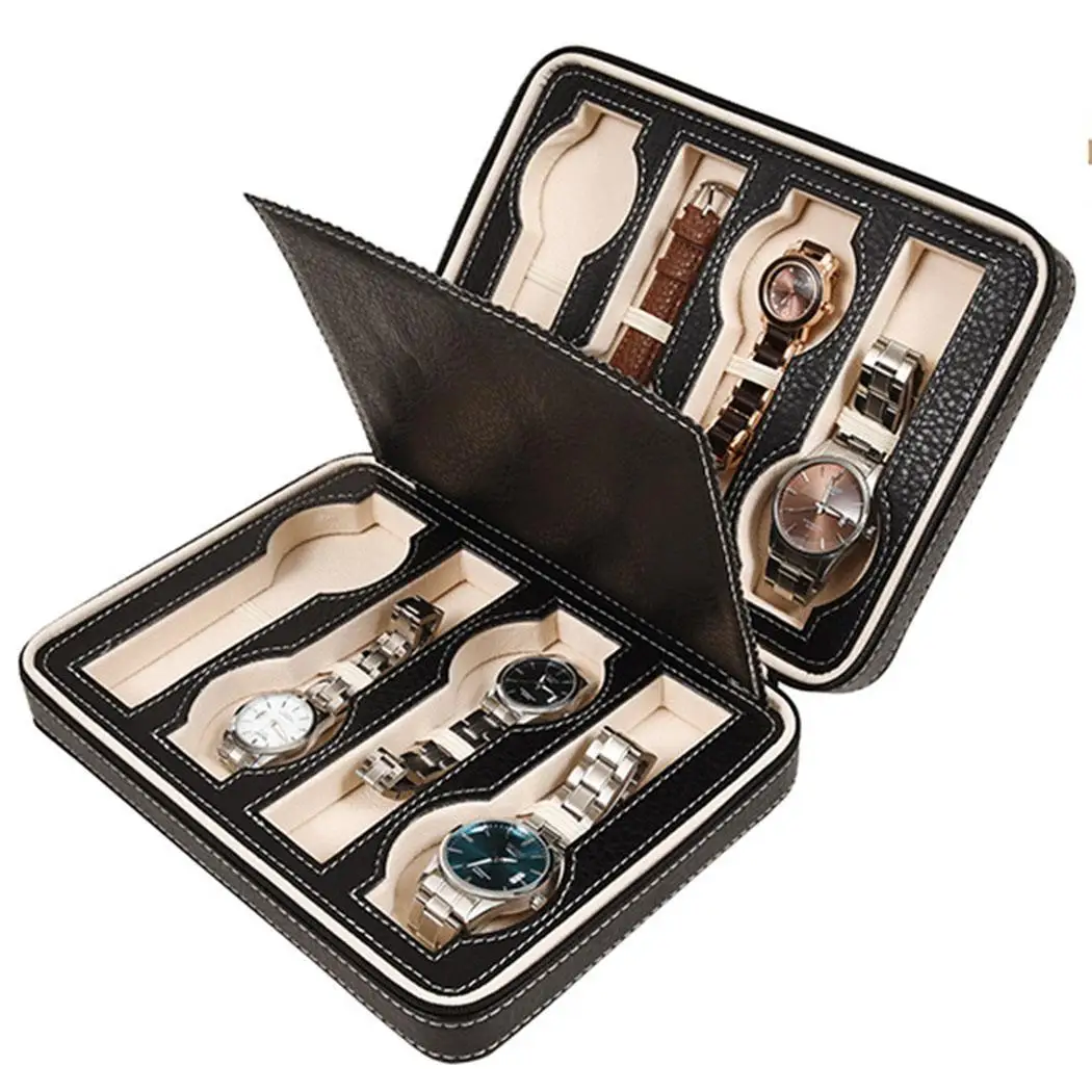 8 сетки Lether Часы Дисплей Коробка Коллекция Чехол держатель Органайзер молния