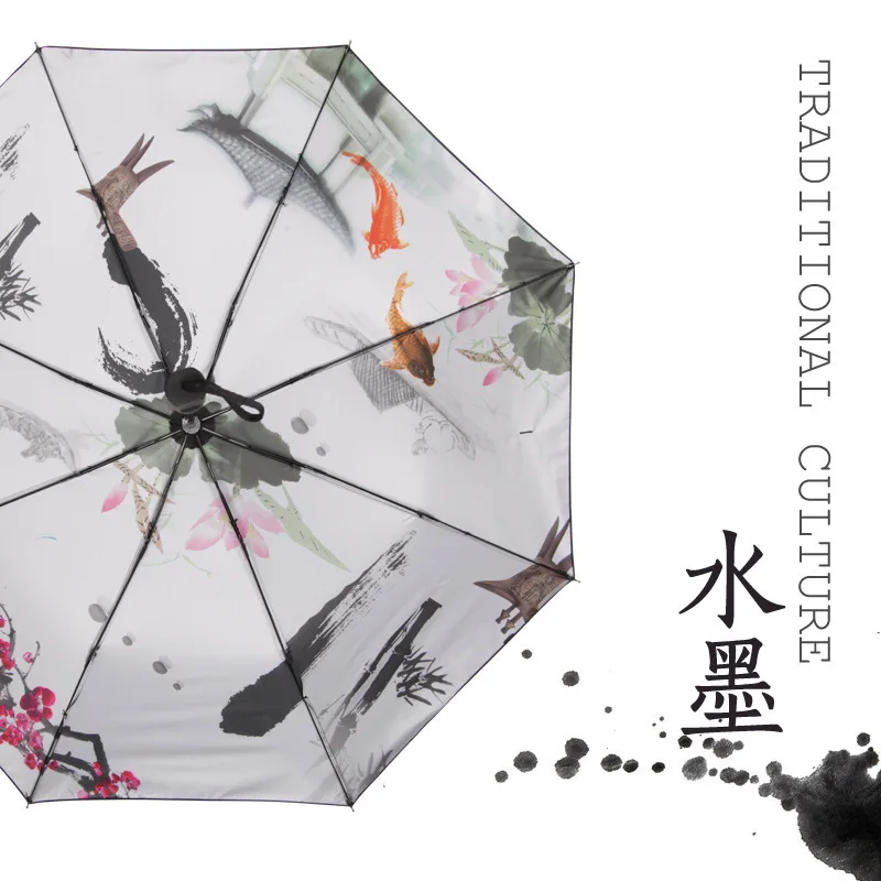 Simanfei Three Folding Art Ink Painting Umbrella 2017 New Women Sunny Waterproof Umbrellas Parasol Chinese Style Loyus | Дом и сад