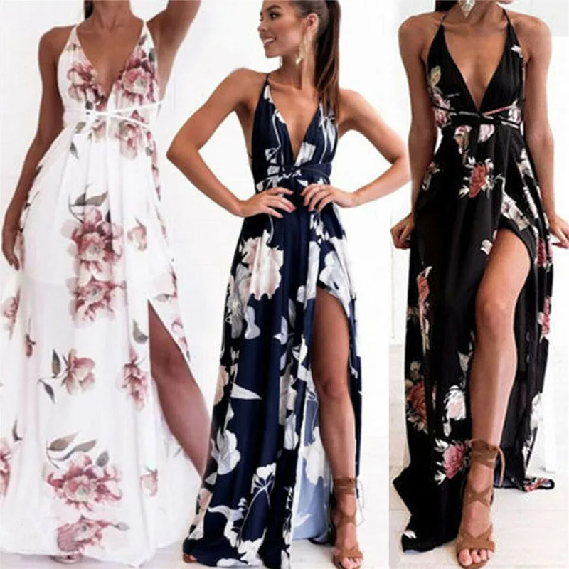 Женское длинное пляжное платье Boho летнее без рукавов с глубоким v образным
