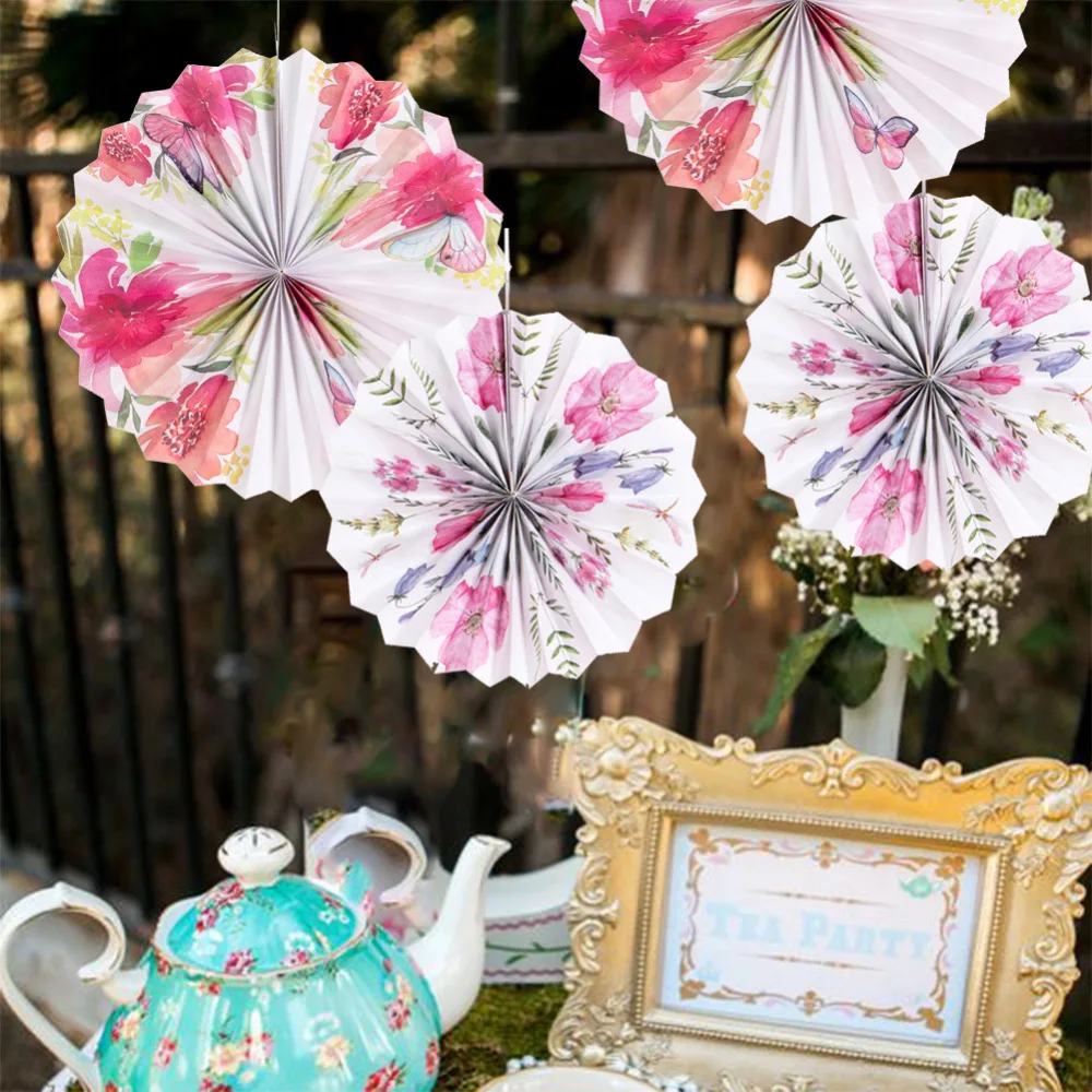 

1pc Vintage Tea Party Floral Hanging Paper Fans Rosette Pinwheels Romantic Wedding Bridal Shower Photo Backdrop Garden Birthday
