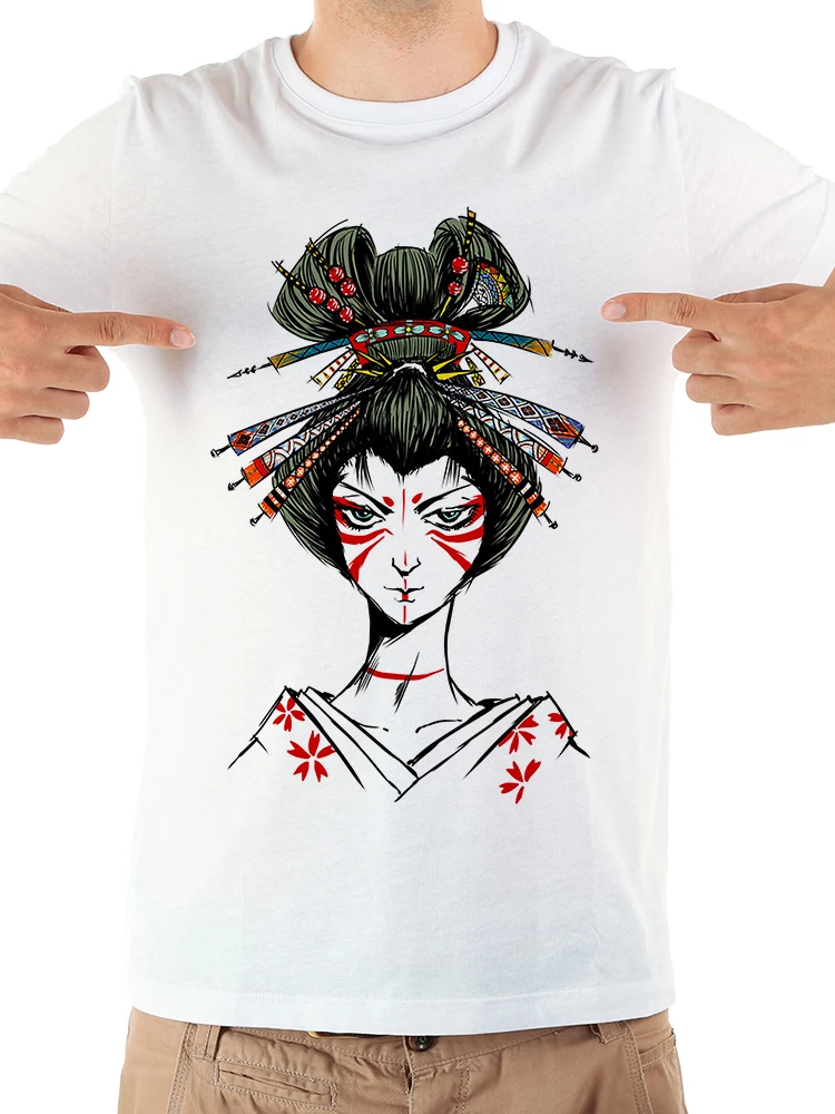 

Футболка мужская с коротким рукавом, Очаровательная Ретро-футболка Geisha с изображением лица японской Девушки в стиле Харадзюку, белая Повсе...