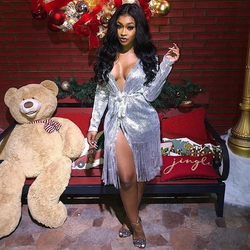 Slaygirl новое модное платье с блестками Клубная одежда мини женское глубоким v
