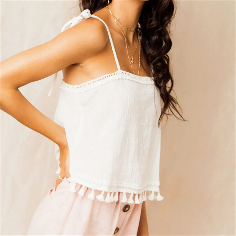 Женский топ на бретельках Boho белый без рукавов с открытой спиной летняя