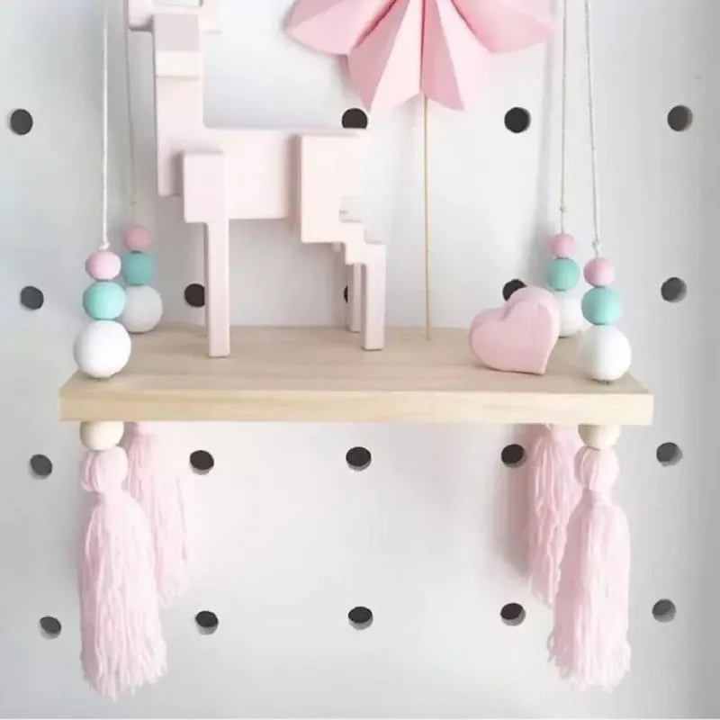 Baby Nordic Original Wooden Beads Wall Decorative Shelves With Pearl And Tassel Nursery Room Clothes Organization Hooks | Дом и сад