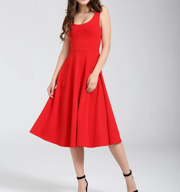 Женское винтажное платье без рукавов однотонное до колена с круглым вырезом