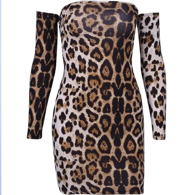 Новые пикантные Для женщин с плеча Leopard платье принтом леди оболочка длинным