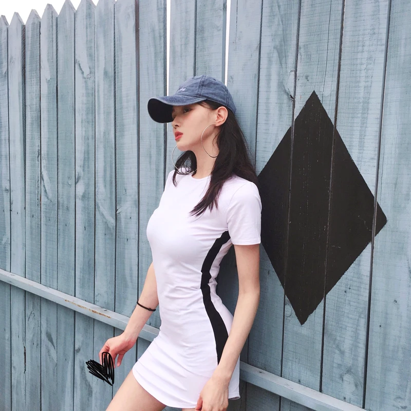 Lychee Girls Sexy Slim Hit Color Short Sleeve Summer Women Dress Contrast Sheath Causal A Line Female | Женская одежда