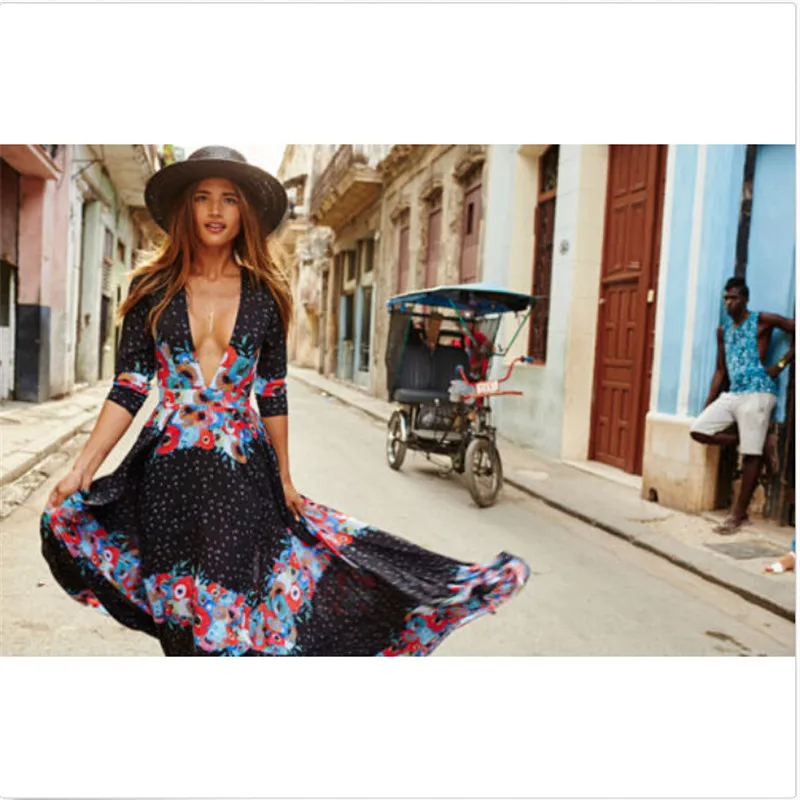 Женское модное сексуальное платье с v-образным вырезом Летнее Длинное Платье