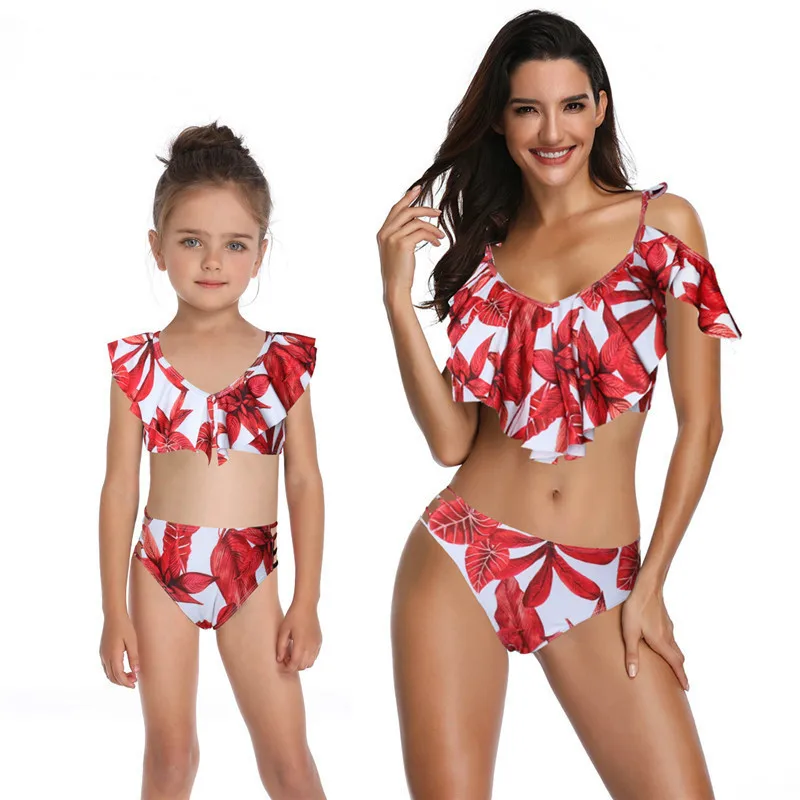 Family Matching Swimwear Summer Mother Daughter Bikini Woman Girl Swimsuit Printing Baby Bikinis Beach Looks Kids Clothes | Мать и
