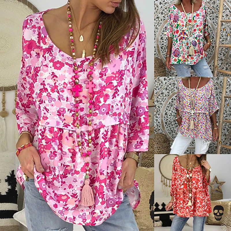 Женская футболка с рукавом три четверти Повседневная цветочным принтом и