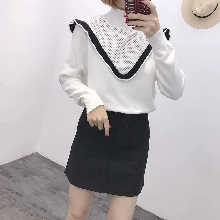 Turtleneck Sweater Woman Fashion 2019 Spring Sweet Mesh Hollow Ruffle Color Block Sweaters Basic Knitted Tops White Blue Apricot | Женская