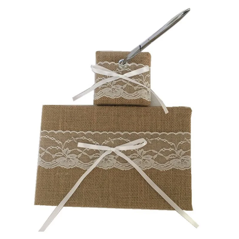 Свадебная вечеринка кружевная джутовая лента книги для гостей + ручка держатель