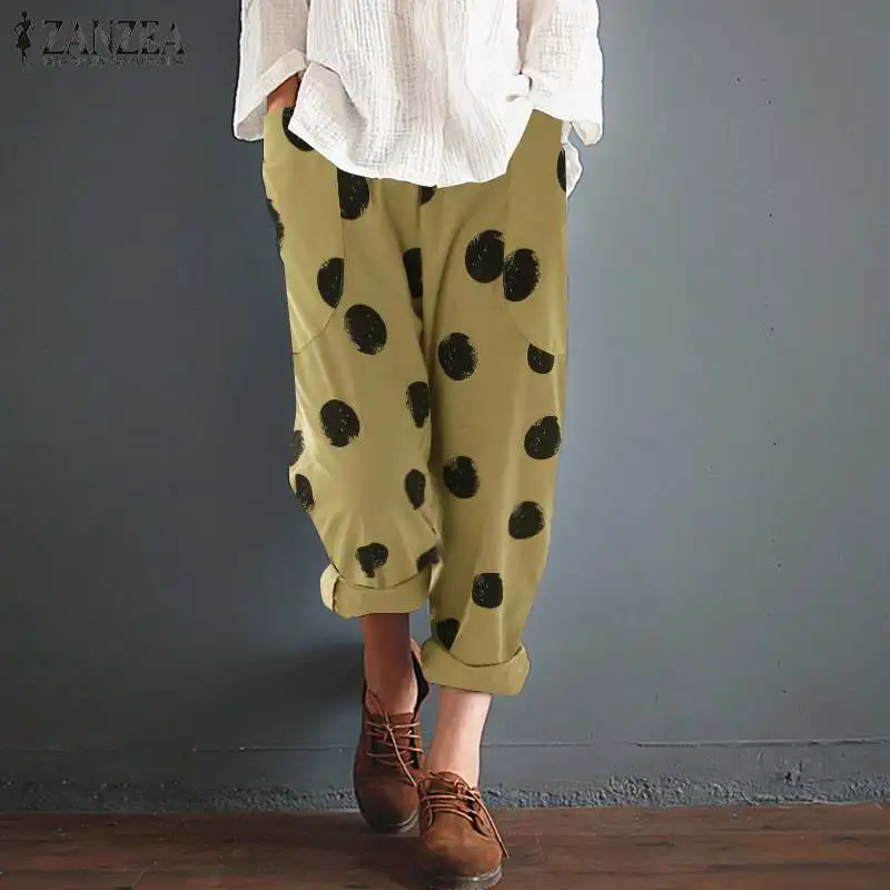 Фото ZANZEA винтажные хлопковые льняные брюки с эластичным поясом женские в горошек