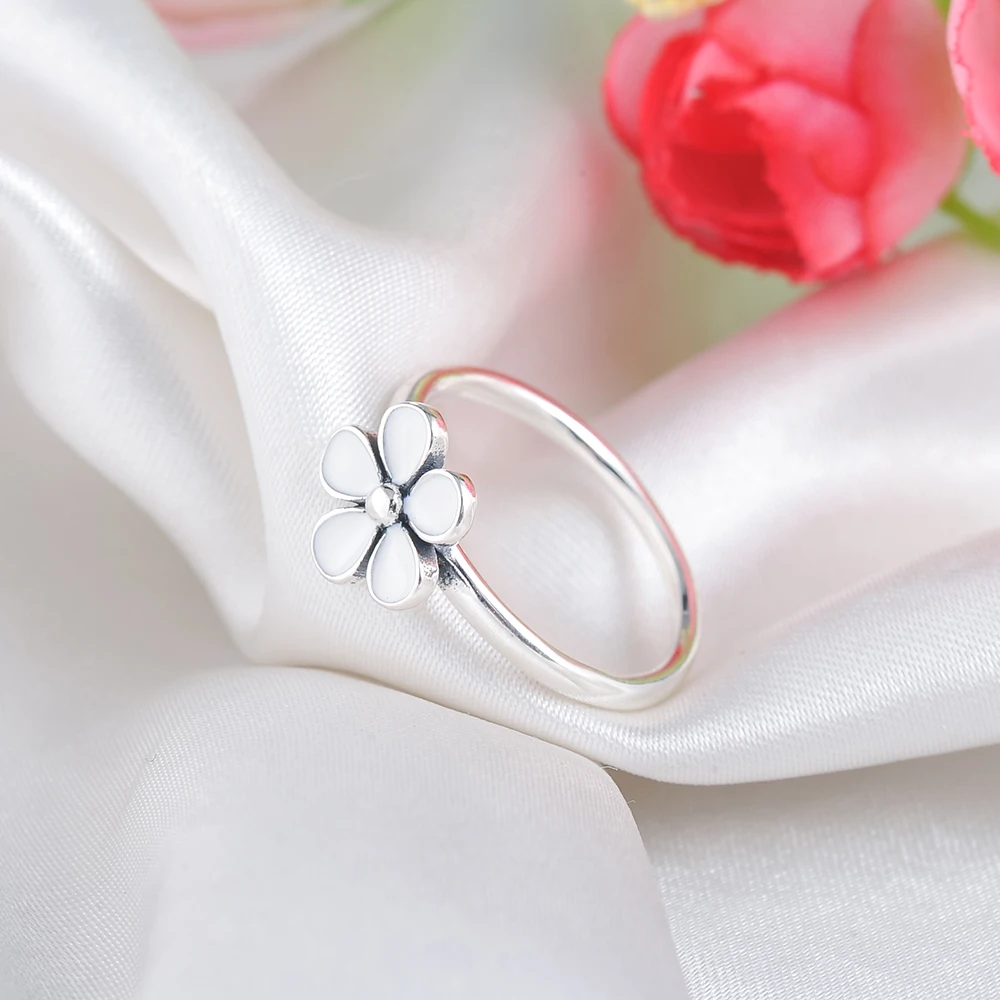 Devolove New 925 Sterling Silver Flower White Enamel Authentic Jewelry Finger Ring For Women Party Gift PSRI0026-B Dropshipping | Украшения