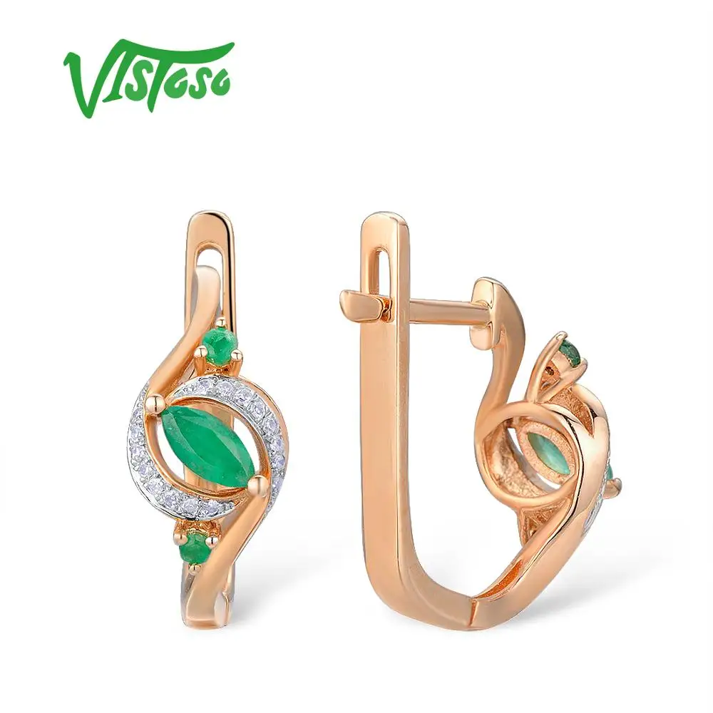 Женские золотые серьги с изумрудом VISTOSO розовое золото 14 к 585 пробы гламурные