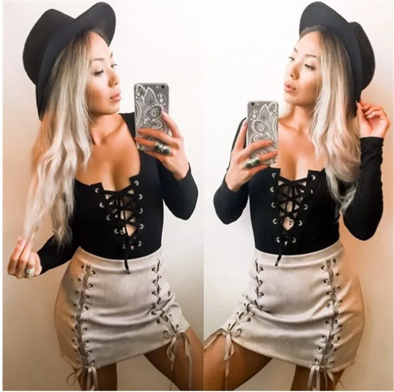 

Uguest Autumn Winter Spring Women Solid Slim Bodysuit Lace Up Romper Sexy Jumpsuits Women O-neck Bodysuits Sexy Costumes